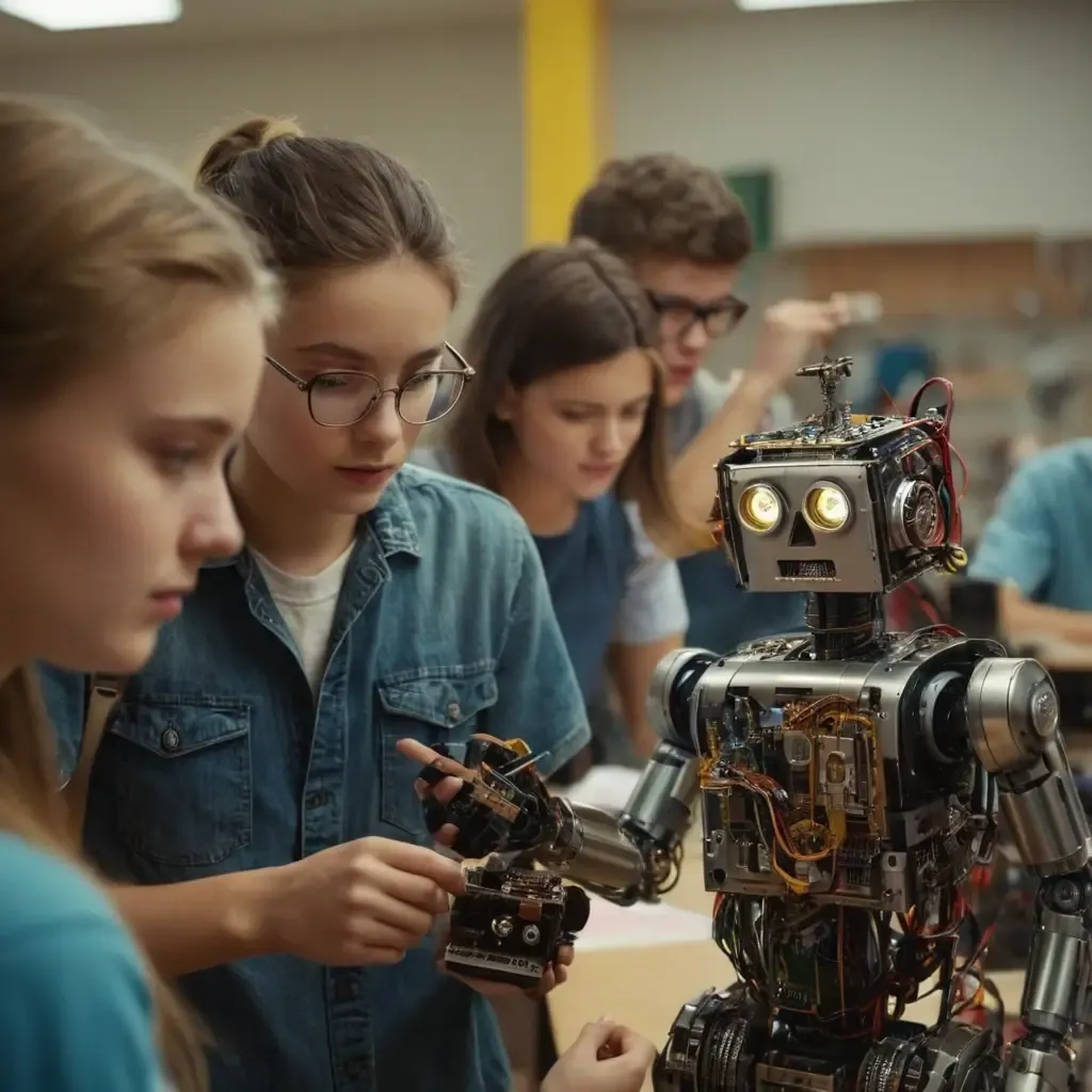 Students building robots